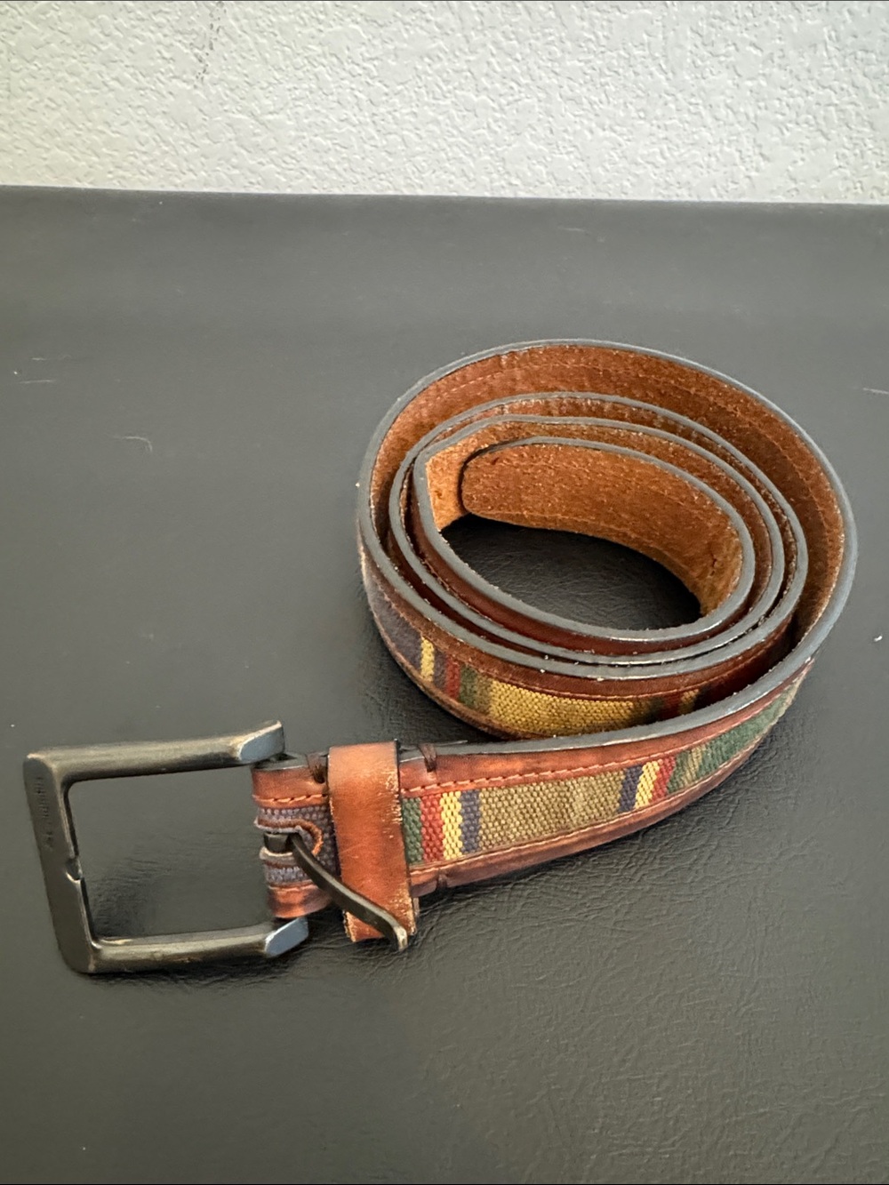 Columbia Sportswear Leather Belt Guatemalean Fabric Inlay Size 44 Western Aztec